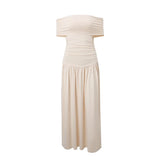 GETADME Off Shoulder Elegant Short Sleeve Shirring Low Waist A-line Long Dress Solid Slim Party Fashion Summer Ruched Patchwork Vestidos