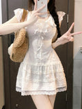 Getadme-Y2k Coquette White Lolita Sweet White Kwaii Cute Mini Dress Women Lace Bow Princess Slip Lace Short Dresses 2024 Fashion