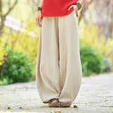 GETADME 2026 Cotton Linen Bloomers Wide Leg Pants Women Vintage Full Length Fashion Elegent Pants Solid Elasitic Waist Spring Autumn 5XL
