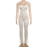 GETADME Knitted Halter High Elasticity See Through Halter Backless Solid Color Floral Appliques Club Street Low Cut Jumpsuit for Women