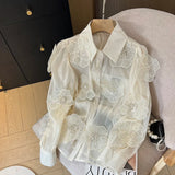 GETADME Spring Summer Long Sleeve Sequins Petals Applique White Beige Mesh Shirts and Blouses For Women Sexy See- through Tops