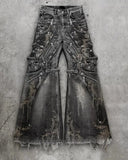 GETADME Streetwear Goth Punk Multi-Pocket Cargo Jeans Mens Black Distressed Flared Denim Pants with Straps Zippers Studs  Frayed Edges