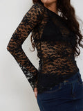 Women Lace Floral Fitted Crop Tops Sexy See Through Mesh  Vintage Y2K Aesthetic Long Sleeve Crew Top Streetwear Spring Outfits