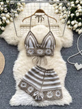 GETADME Beach Vacation Knit 2pcs Suits Women Halter Sleeveless Lace Up Camis+Elastic Waist Shorts Hook Flower Hollow 2pcs Set