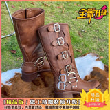 GETADME Brown Belt Bule Knee High  Boots Women's Spring Summer Retro Western Knight Faion Boots Waterproof Platform