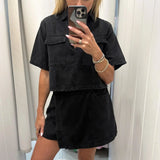 GETADME Faionable Denim Set ort Sve V-Ne Top High Waist Skirt Pants Women Summer Workwear Asymmetric Sle for Young Women