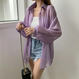 GETADME Shirt for Women Blouse Long Sleeve Top Female Chiffon Loose Cardigan Thin Sexy Solid Color Casual Shirt