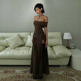 GETADME 여성용 오픈 백 슬릿 롱 드레스, 단색, 슬림 핏, 하이 웨이스트, 원라인 칼라, 유럽 및 미국 스타일, 여름