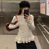 GETADME 새로운 러플 트림 긴팔 티셔츠 물방울 무늬 얇은 내부 탑 스위트 베로 모다