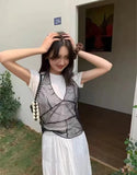 GETADME Korean Ins Same Lace Wave Point Camisole Dress Womens Mesh Sleeveless Mid Length Cover Up Dress Summer New Y2K Girl Spicy Girlsf