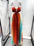 GETADME Sexy Gradient Hollow Out Maxi Dress Women Backless Sleeveless Sling Long Dresses 2025 Summer Vacation Boho Beach Satin Robes