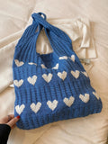 Getadme-Fashionable Valentine's Day Solid Color Knitted Material with Heart shaped Decoration Open Top Women's One Shoulder Tote Bag