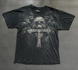 GETADME Gothic Vintage Distressed T-Shirt Two-in-One Skeleton Print Layered Top Y2K Retro Streetwear Loose Fit Harajuku Fashion Tee