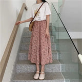 GETADME Vintage Floral Print A-line Pleated Long Skirts Summer Women 2026 Korean Skirt Streetwear Drawstring Elastic Waist Midi Skirt