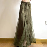 GETADME Green Retro Zipper Patchwork Lace Half Skirt Drawstring Elastic Waist Pocket Long Skirt Spring/Summer New Ethnic Style Skirt