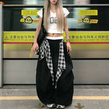GETADME Y2K Black Cargo Pants Women Streetwear Plaid Patchwork Baggy Sweatpants Harajuku Wide Leg Joggers Summer Korean Casual Trousers