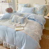 GETADME 3/4Pcs Korean Princess-Style Bow Lace Ruffle Green Bedding Set 2-Person Boiled Cotton Bed Linen Duvet Cover Pillowcase Included