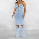 GETADME Casual Denim Jumpsuit Summer Women 2025 Strapless V Neck Zip Up Hole Street Trend Wide Leg Pants Club Romper With Pockets
