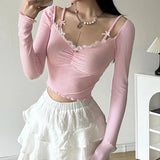 Getadme Sweet Lace Stitching V-neck Skinny Top Pink Coquette Aesthetic Slim-fit Long Sleeve Knitted T-shirts Cute Casual Tees