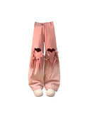 Getadme-Women's Pink Jeans Baggy Harajuku Aesthetic Hollow Out Denim Trousers Y2k Wide Jean Pants Vintage 2000s Trashy Oversize Clothes