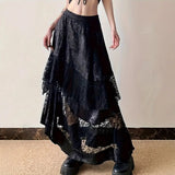 GETADME Gothic Vintage Black Midi Skirt Aesthetics Y2k Lace Irregular Skirt French Style Elegant Casual Skirt Woman Design Chic