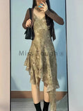 GETADME Autumn New Retro 2 Piece Set Women Sexy Atmosphere Sense Cargo Irregular Suit Female Y2k Halter Dress + Sunscreen Knit Cardigan