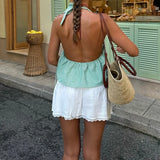 Getadme Bohemian Plaid Babydoll Tank Tops Coquette Tie-up Halter Neck Sleeveless Vest Summer Backless Crop Tops Women Holiday Streetwear