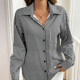 GETADME Classic Striped Turn-down Collar Buttons Long Sleeve Back Hollow Out Bow Baggy Blouses Shirts Pockets Office Lady Elegant Top