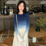 Round Neck Women's T Shirts Blue Female Tops Crop Slim Sexy Tshirts Funny Tees Y2k Japanese Streetwear Long Sleeve Clothes