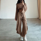 GETADME Spring Casual Solid Cotton Linen Suit Summer O Neck Crop Top+Lace-up Ruffle Pants Outfit Sets for Women Flare Sleeve Hollow 2pcs