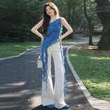 GETADME Blue Irregular Shoulder Strapless Top Women's Summer Korean Style Hot Girl Slim Fit Beautiful Top Commute Style Outerwear