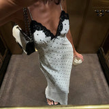 GETADME Lace V-Neck Patchwork Maxi Dress Women Backless High Waist Slim Spaghetti Contrast Party Dress Female Spring Long Dress