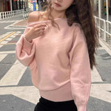 GETADME Batwing Long Sleeve Knitted Pullover Women 380g Thick Off Shoulder Top Korean Fashion Sweater Loose Casual Autumn Outwear Pull
