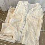 GETADME Casual Autumn New Simple Soft Women's Long Sleeve Pajamas Set Plaid Korean Style Solid 2 Suit Set Sleepwear Fashion Loungewear