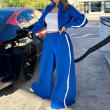 GETADME 여성 가을 ​​패션 스탠드 칼라 긴팔 카디건 탑+와이드 레그 팬츠 캐주얼 겨울 패션 클럽 투피스 세트