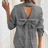 GETADME Classic Striped Turn-down Collar Buttons Long Sleeve Back Hollow Out Bow Baggy Blouses Shirts Pockets Office Lady Elegant Top