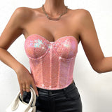 Vemina Retro Backless Sequin Overbust Corsets for Women Sexy Zipper Inner Tank Top Black Y2K Vintage Style Sleeveless Crop Top