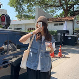 GETADME Loose Korean Style Denim Jacket Women's Casual Sleeveless Workwear Student Vest Spring 2025 Trend Outerwear