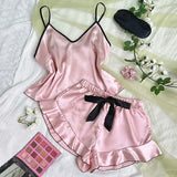 GETADME 3 Pcs Summer Women Dress Silk Pajamas Fashion Print Suspenders and Shorts With Hanging Bag Home Wear Set Sexy