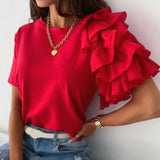 GETADME Fashion Ruffled Short Sleeved Women's Blouse Summer Simple Round Neck Elegant Office Irregular T Shirt Solid Casual Tees Tops