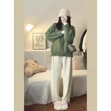 GETADME Japanese Vintage Green Round Neck Pullover Sweater Women's Loose Fit Casual Style Thickened Autumn Winter Outerwear Knit Top