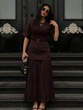 GETADME Elegant O Neck Short Sleeve Maxi Dress Women Fashion Solid Pleated Gauze Patchwork Dresses 2025 New Lady Office Commute Vestidos