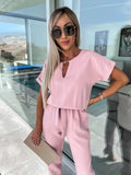 GETADME Jumpsuit Women 2025 Solid Color Short Sleeve V-neck Pocket Lace-up Pencil Long Pants Jumpsuits Summer Outfits Bodysuits