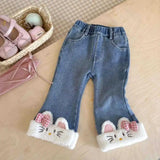 GETADME Sanrios Girl Pants Autumn Winter Hello Kittys Child Cowboy Bell Bottoms Children's Clothing Keep Warm Thicken Leisure Trousers