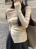 Getadme-Black Knitted Sweater Women Sexy Off Shoulder Slash Neck Pullover Female Autumn Korean Fashion Long Sleeve Split Thin Knitwear