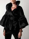 GETADME Casual Puff Long Sleeve Ruffles Blouse Office Lady Solid Color Women Wrap Shirts Lapel Collar Elegant Shirt Woman Fashion Female