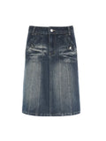 GETADME Woman Denim Midi Casual Skirt High Waist Pleated Wash Skirt Tie-dyed A-line Daily Skirt Vintage Elegant Korean Preppy Style Y2K