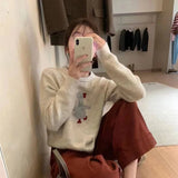 GETADME Women's new wool sweater high-end O-neck embroidered pullover sweater autumn and winter loose fashion shirt casual warm knit top