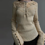 GETADME Hollow out Crop Tops y2k Aesthetic Round necked Fairy Grunge Women Knitted Button Long Sleeve Slim TShirts Harajuku Tees Clothes