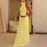 GETADME 2025 Summer Party Elegant Women Beach Skirt Suit Sleeveless Backless Cropped Halter Lace Up Tops And Long Skirts Two Piece Sets